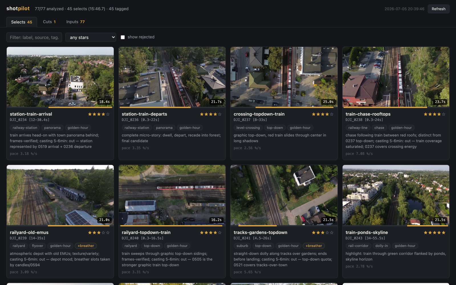 shot ui - read-only web view: selects gallery with thumbnails, stars, tags and decision notes